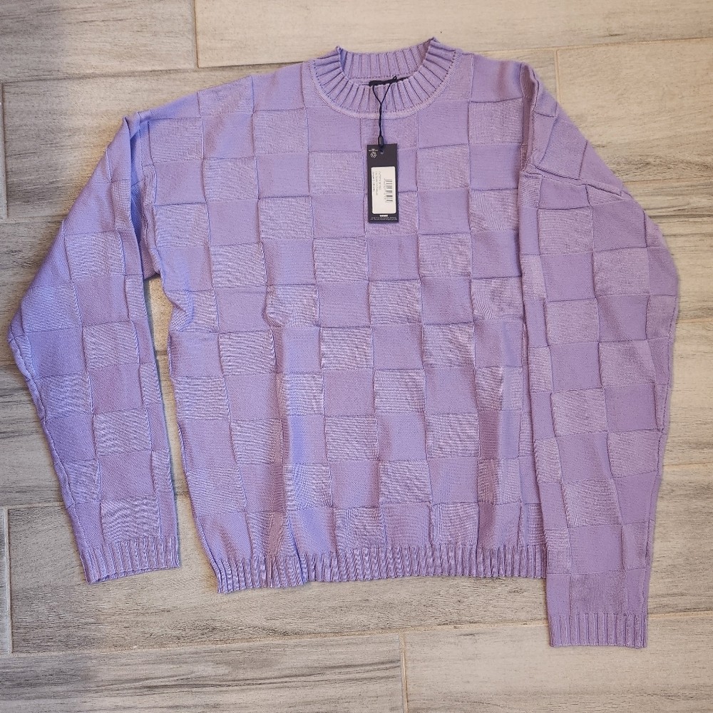 PrettyLittleThing PLT Sweater S Lilac Purple Square Checks Knit Oversized New$62 - Picture 4 of 11